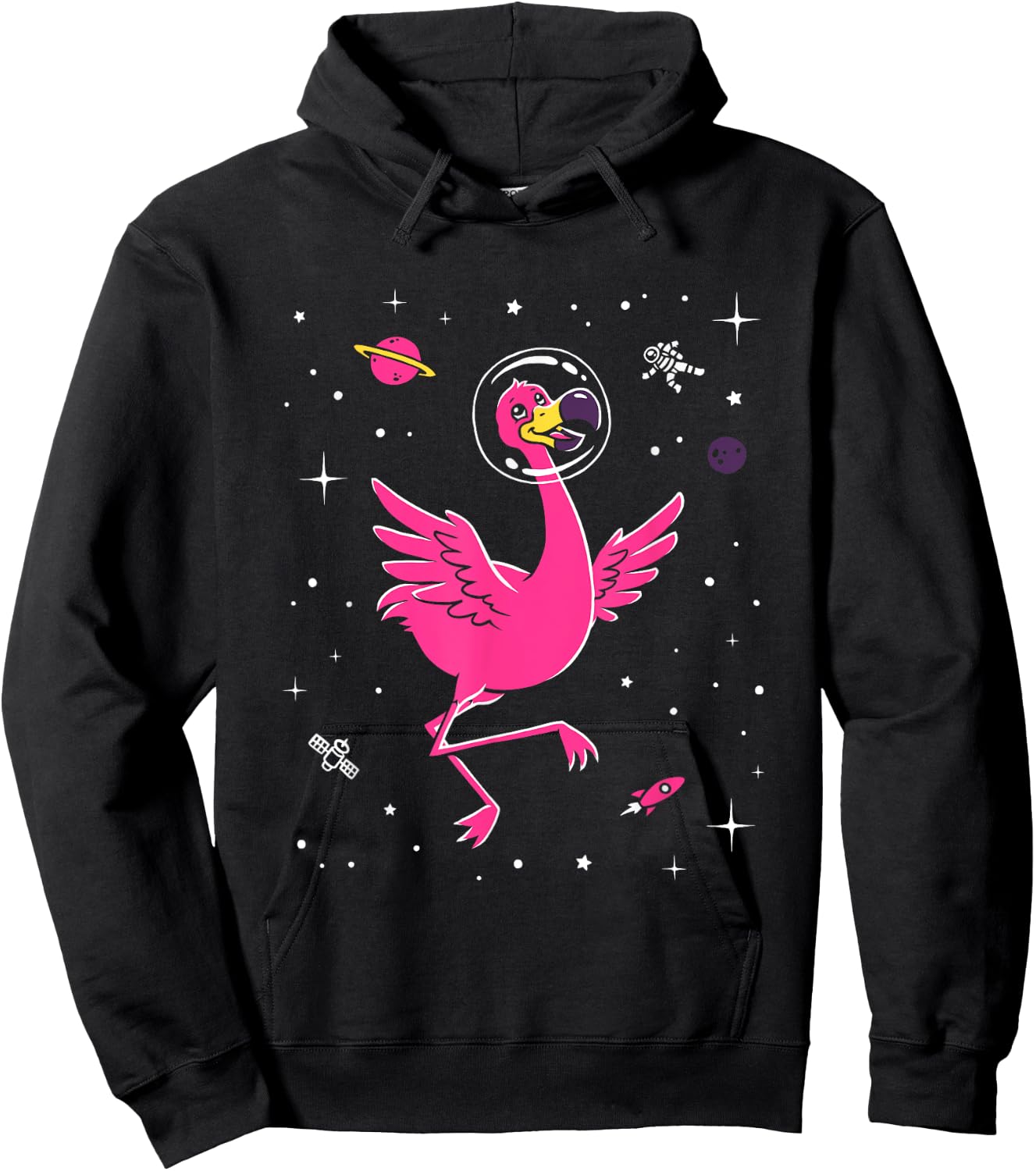 Flamingo In Space - Cute Cartoon Bird Hoodie - Hoodie | Black