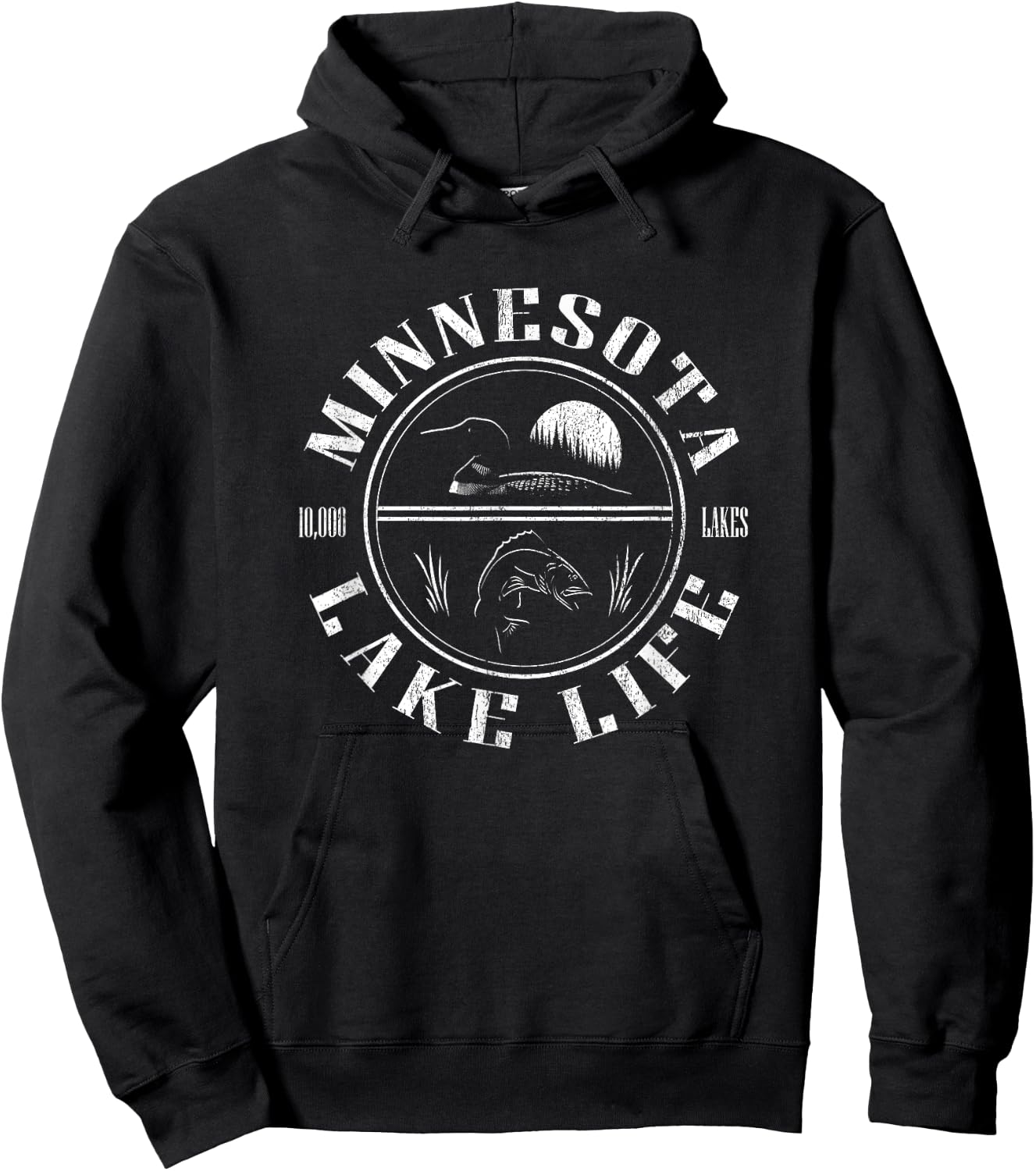 Minnesota Lake Life with Loon, Walleye, and Sunset Hoodie - Hoodie | Black