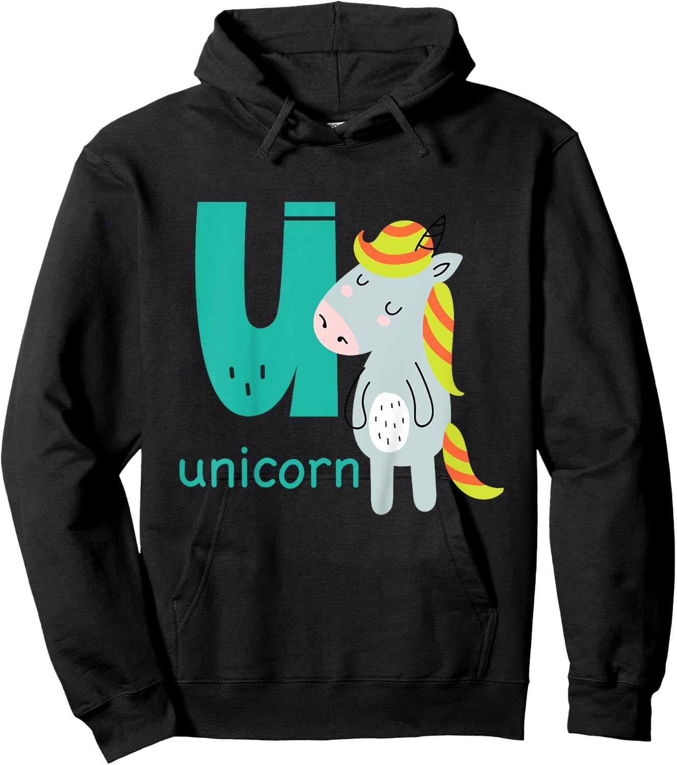 Unicorn Letter U Alphabet Cute Animal Boys Or Girls Hoodie - Hoodie | Black