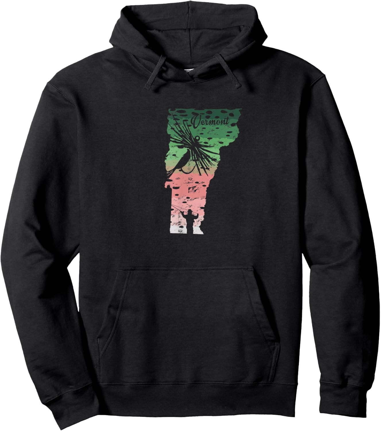 Vintage Big Fly Rainbow Trout Vermont Map Fly Fishing Hoodie - Hoodie | Black
