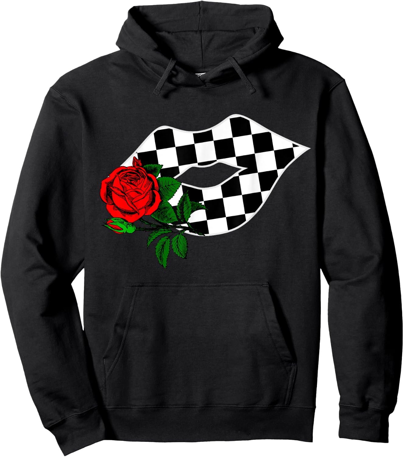 Checkered Lips Kiss With Red Rose Flower Racing Hoodie - Hoodie | Black