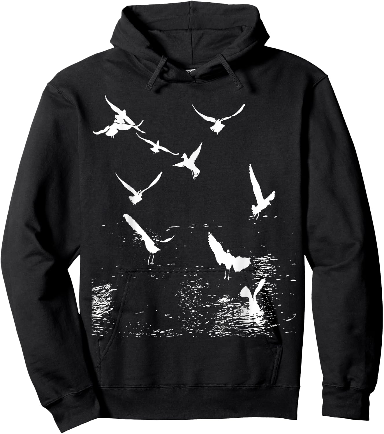 White Silhouette Of A Flock Of Seagulls Over Water Hoodie - Hoodie | Black