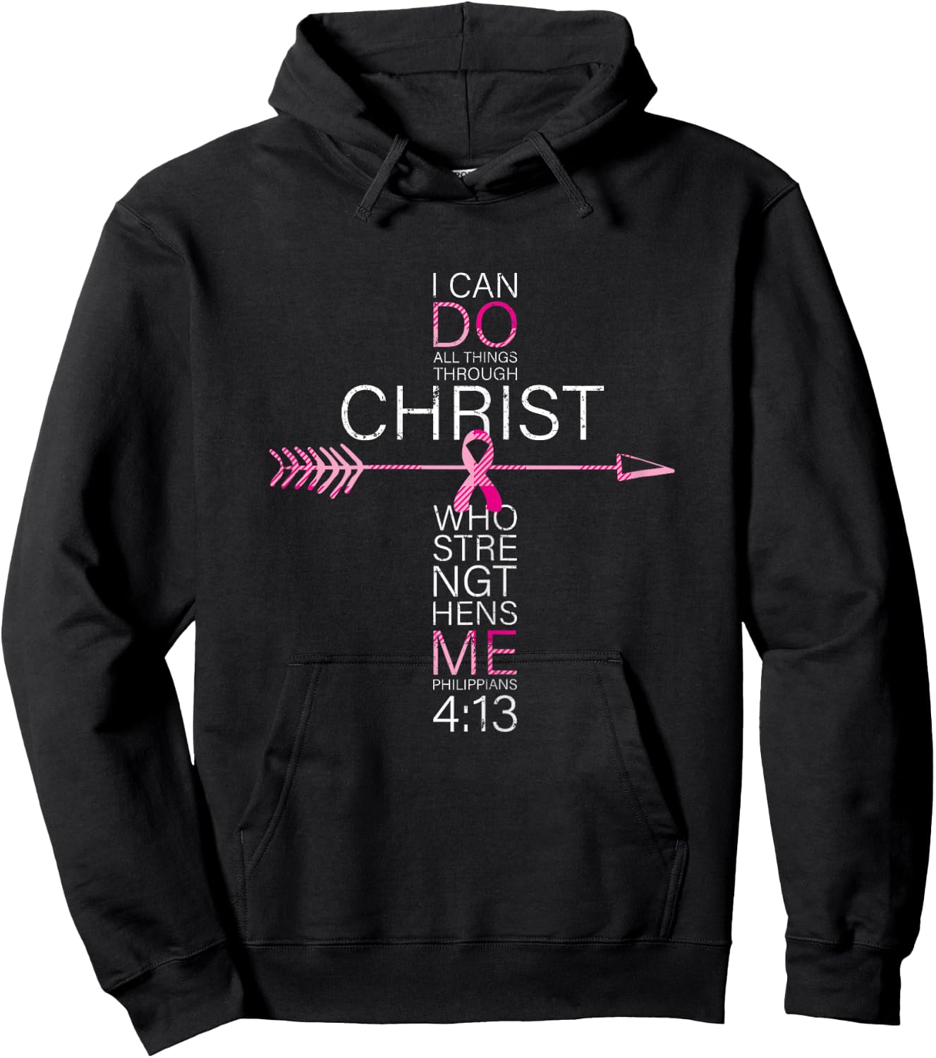 Pink Christian Breast Cancer Cross Religious Bible Verse Hoodie - Hoodie | Black