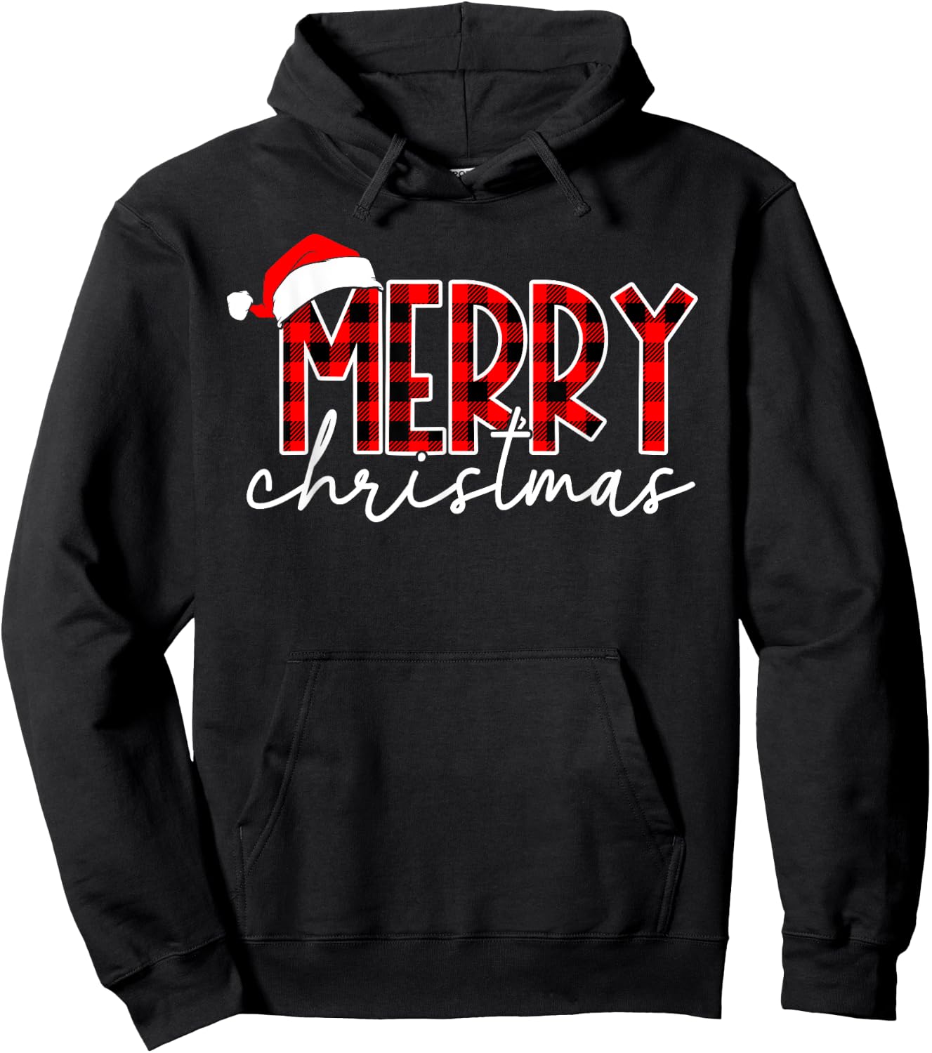 Merry Christmas Buffalo Plaid Red Santa Hat Xmas Pajamas Hoodie - Hoodie | Black