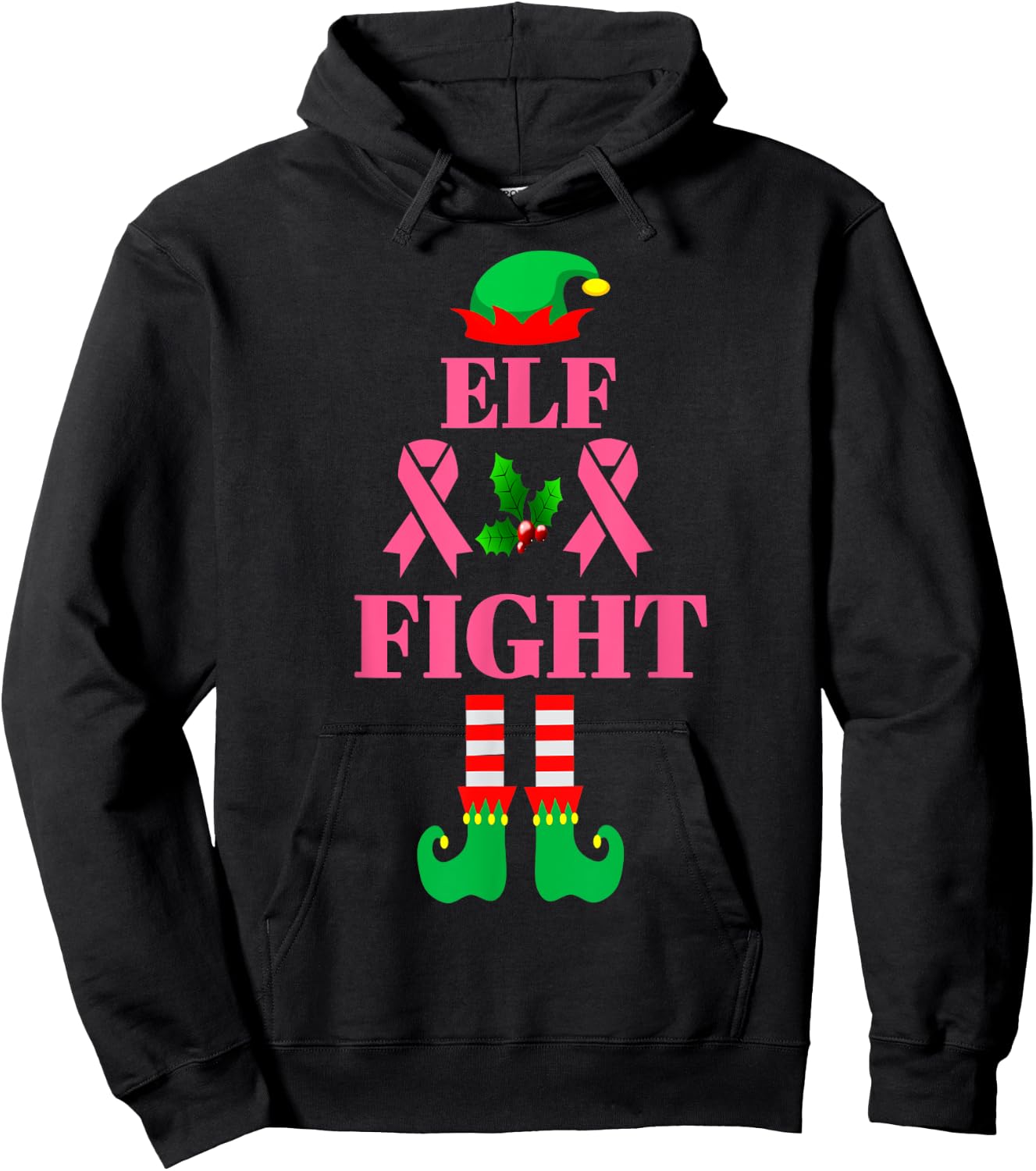 Fight Breast Cancer Elf Matching Family Group Christmas Hoodie - Hoodie | Black