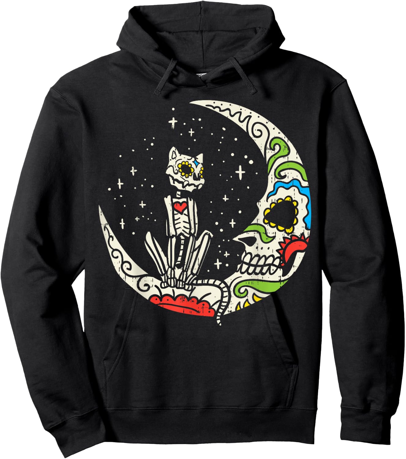 Sugar Skull Cat Moon Dia De Los Muertos Halloween Costume Hoodie - Hoodie | Black