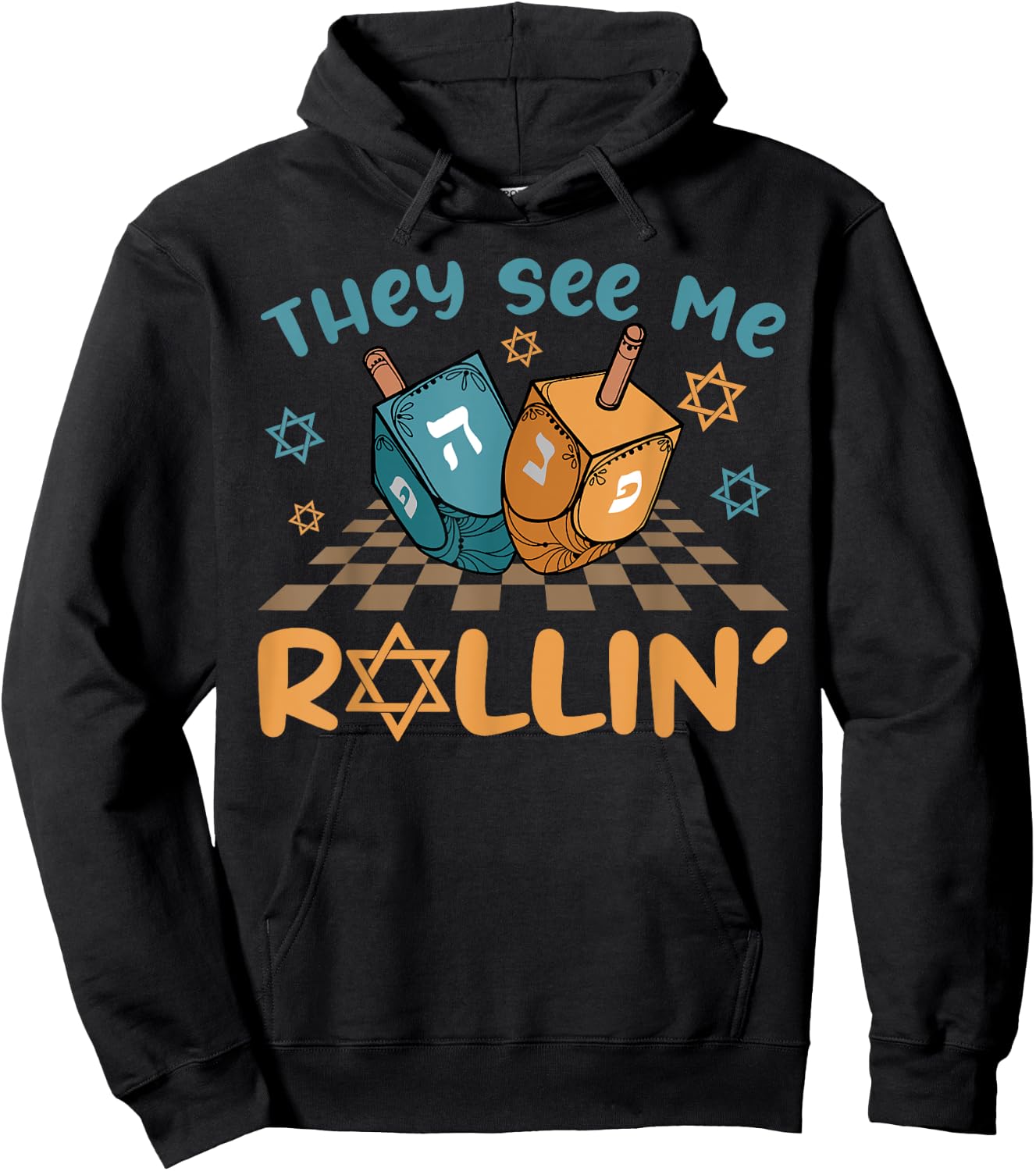 Groovy They See Me Rollin' Hanukkah 2024 Dreidel Game Jewish Hoodie - Hoodie | Black