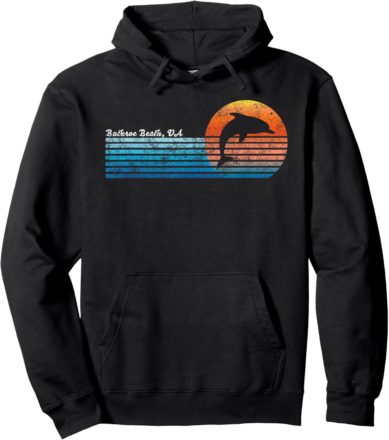 Vintage Buckroe Beach VA 80s Dolphin Sunset Hoodie - Hoodie | Black