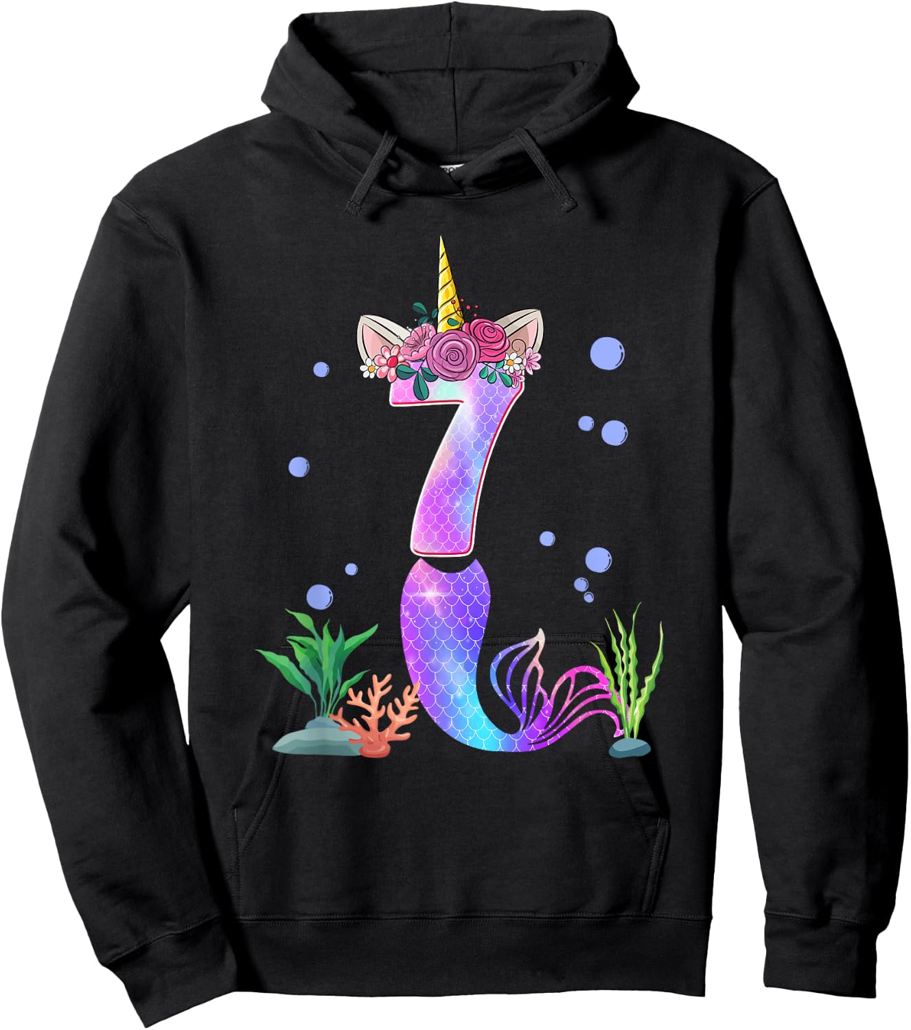 7 Year Old Unicorn Mermaid 7th Birthday Theme Tail Girl Hoodie - Hoodie | Black