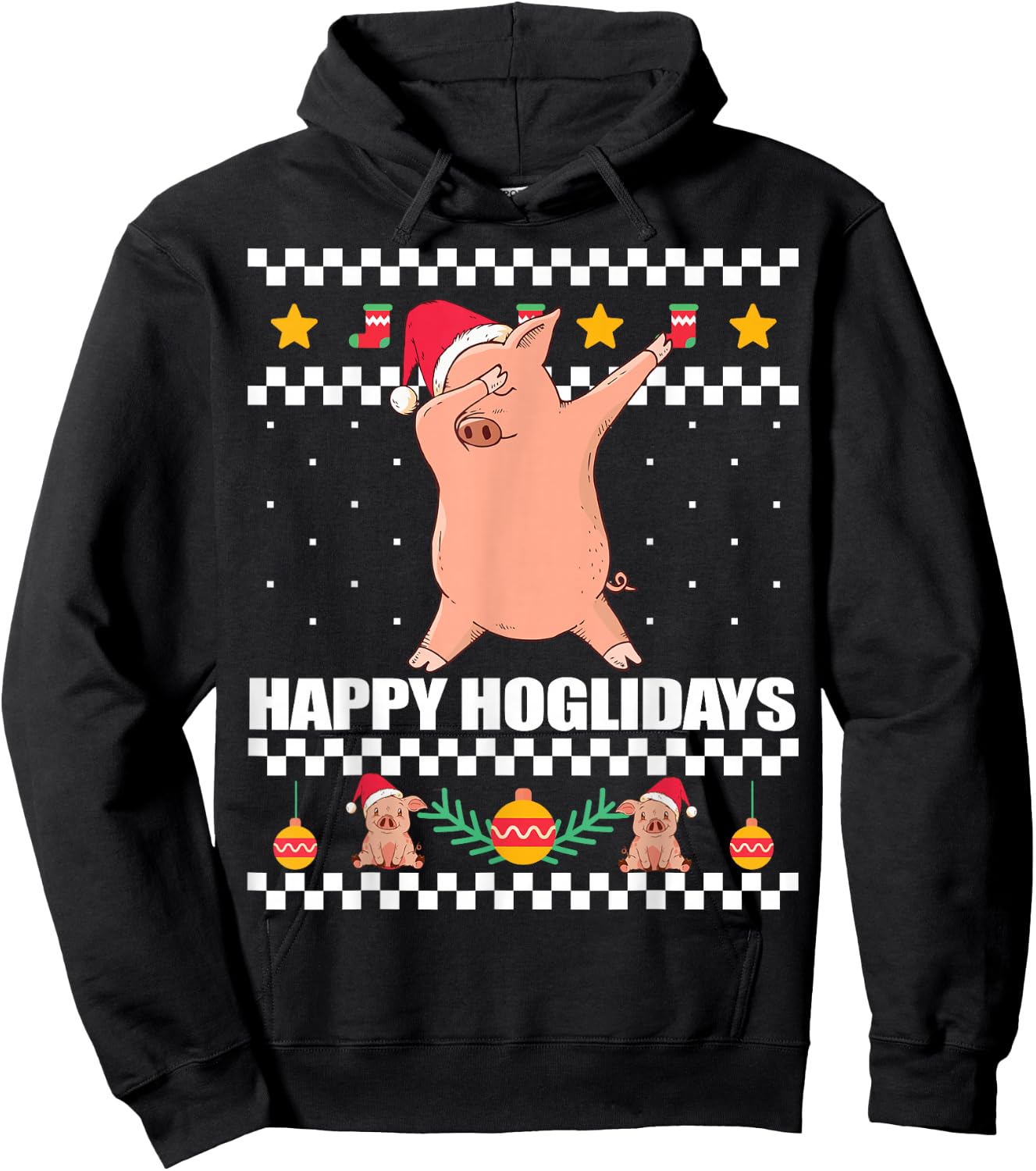 HAPPY HOGLIDAYS Ugly Christmas Sweater Xmas Pig Dabbing Meme Hoodie - Hoodie | Black