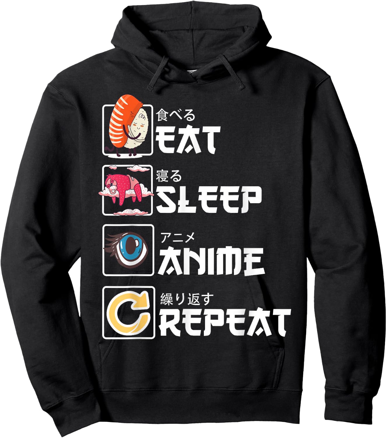 Kawaii Manga Sushi - Eat Sleep Anime Repeat - Cute Anime Hoodie - Hoodie | Black