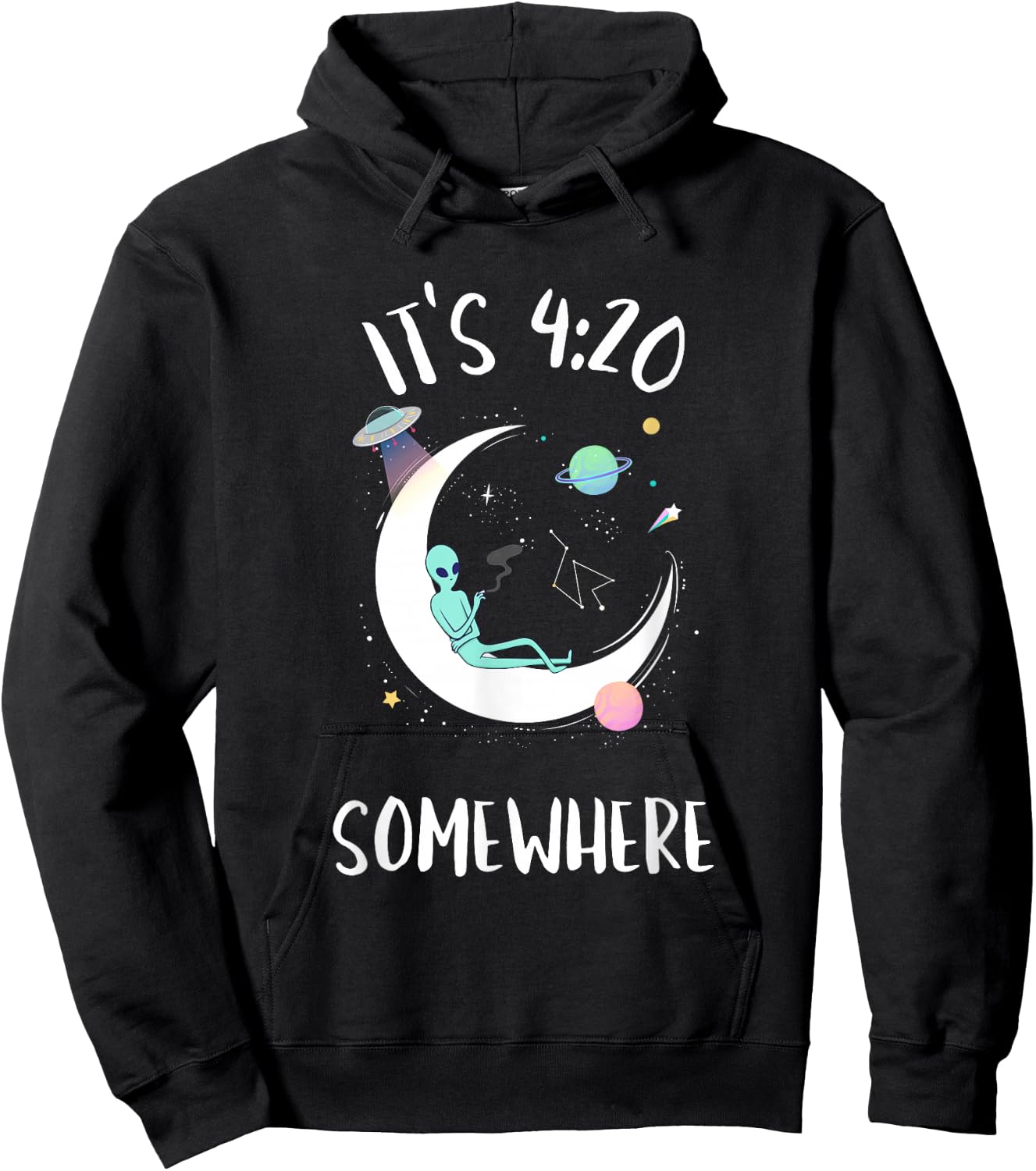 Funny Weed Joint Smoking Moon Alien | It's 4:20 Somewhere Hoodie - Hoodie | Black