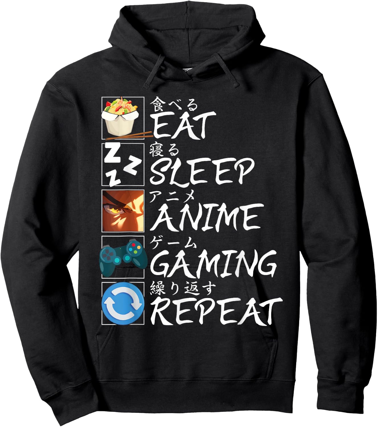 Eat Sleep Anime Gaming Repeat Funny Kawaii Otaku Anime Gamer Hoodie - Hoodie | Black