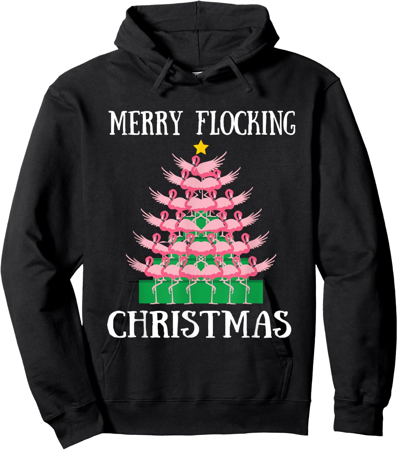 Flamingo Merry Flocking Christmas Tree Lights Flamingos XMas Hoodie - Hoodie | Black