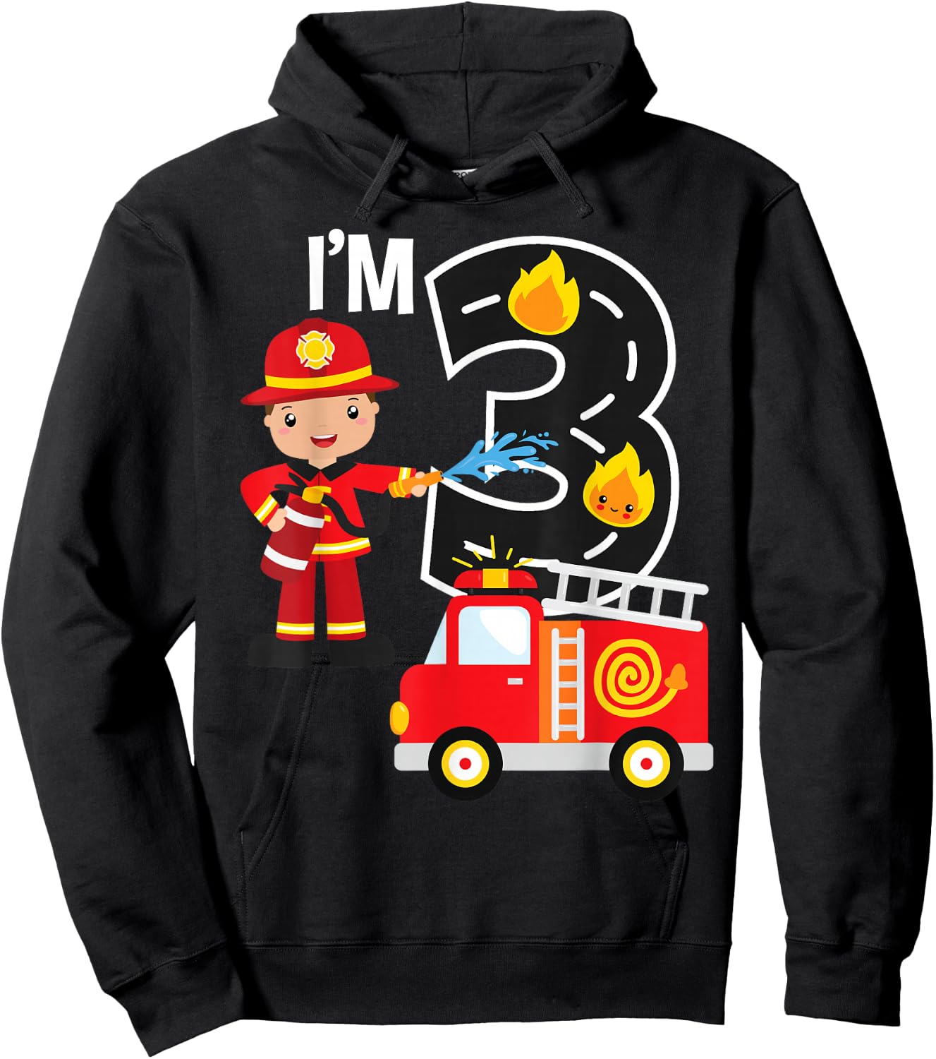 Fire Truck Fireman 3 Year Old I'm 3rd Birthday Party Hoodie - Hoodie | Black