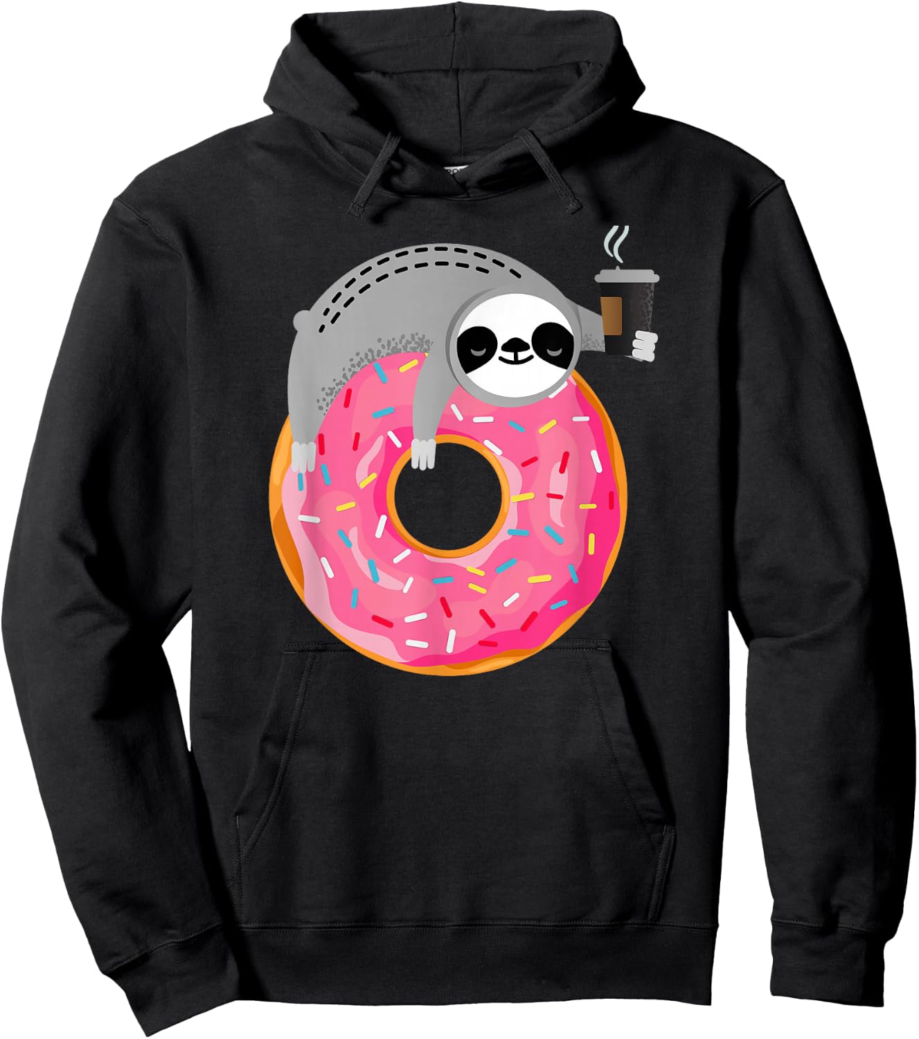 Sloth On Donut With Cup Of Steaming Coffee Hoodie - Hoodie | Black
