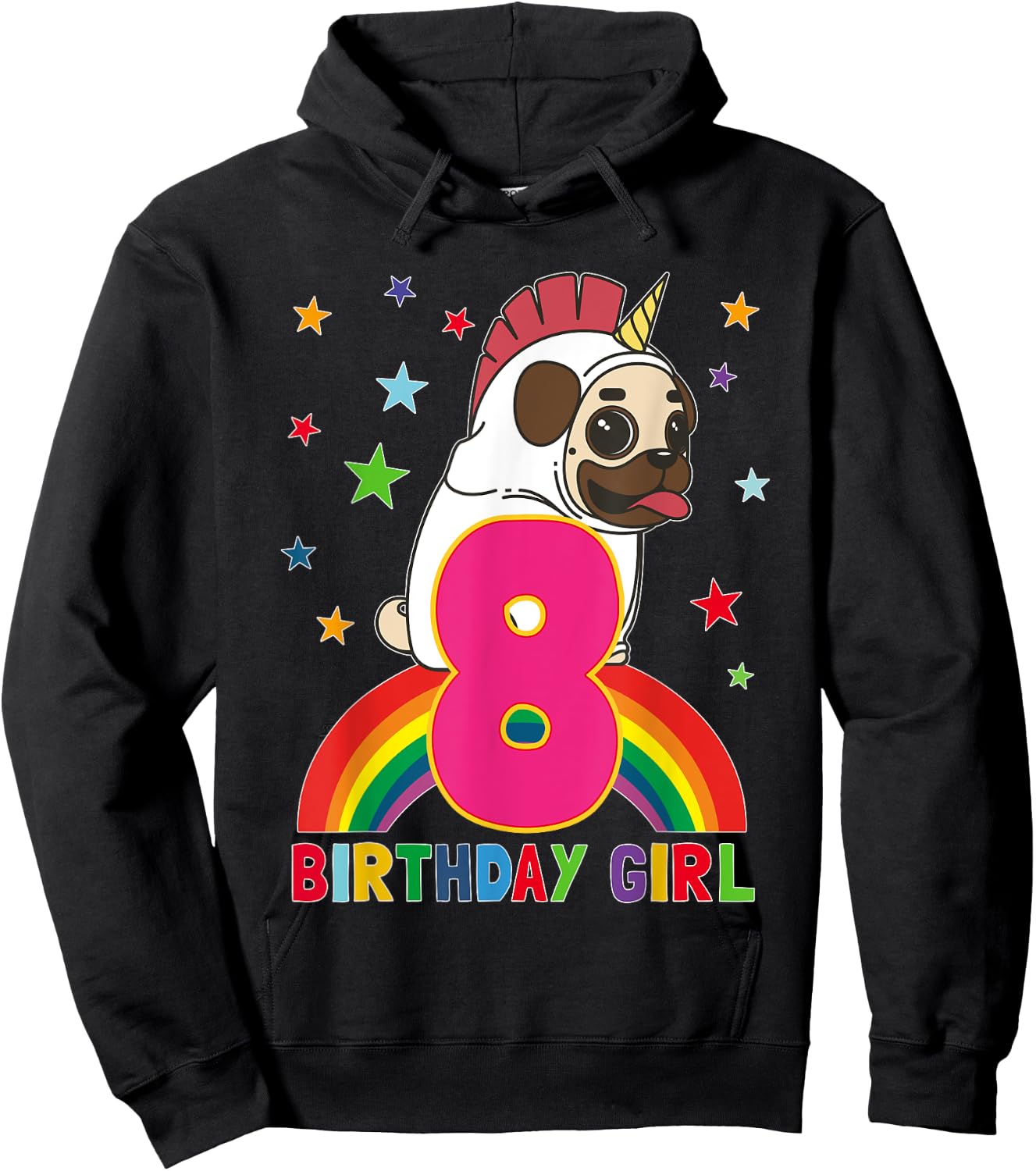 Pug 8th Birthday 8 Year Old Girl Unicorn Pugicorn Party Gift Hoodie - Hoodie | Black