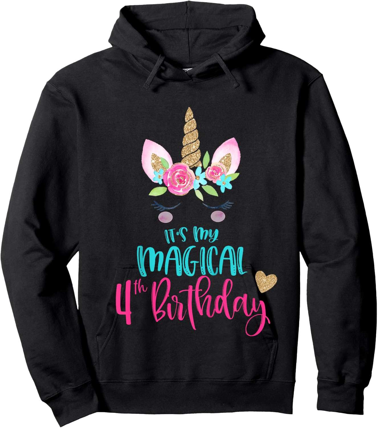 Kids Unicorn 4th Birthday Party Girls 4 Years Old Hoodie - Hoodie | Black