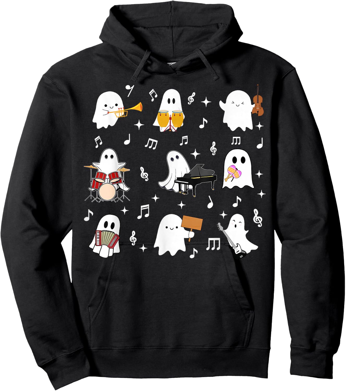 Halloween Music Teacher Ghost Playing Musical Instruments Hoodie - Hoodie | Black