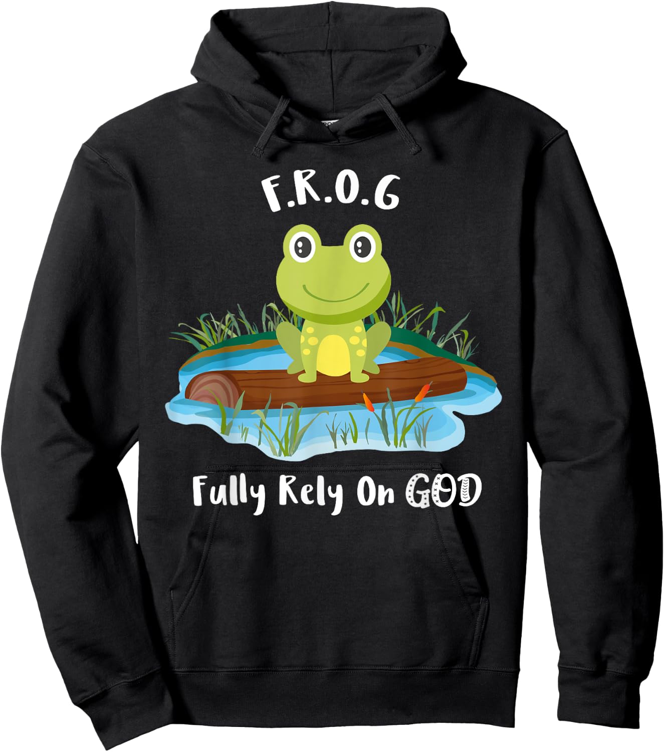 Fully Rely On God acronym F.R.O.G Cute Frog Pond Log Hoodie - Hoodie | Black