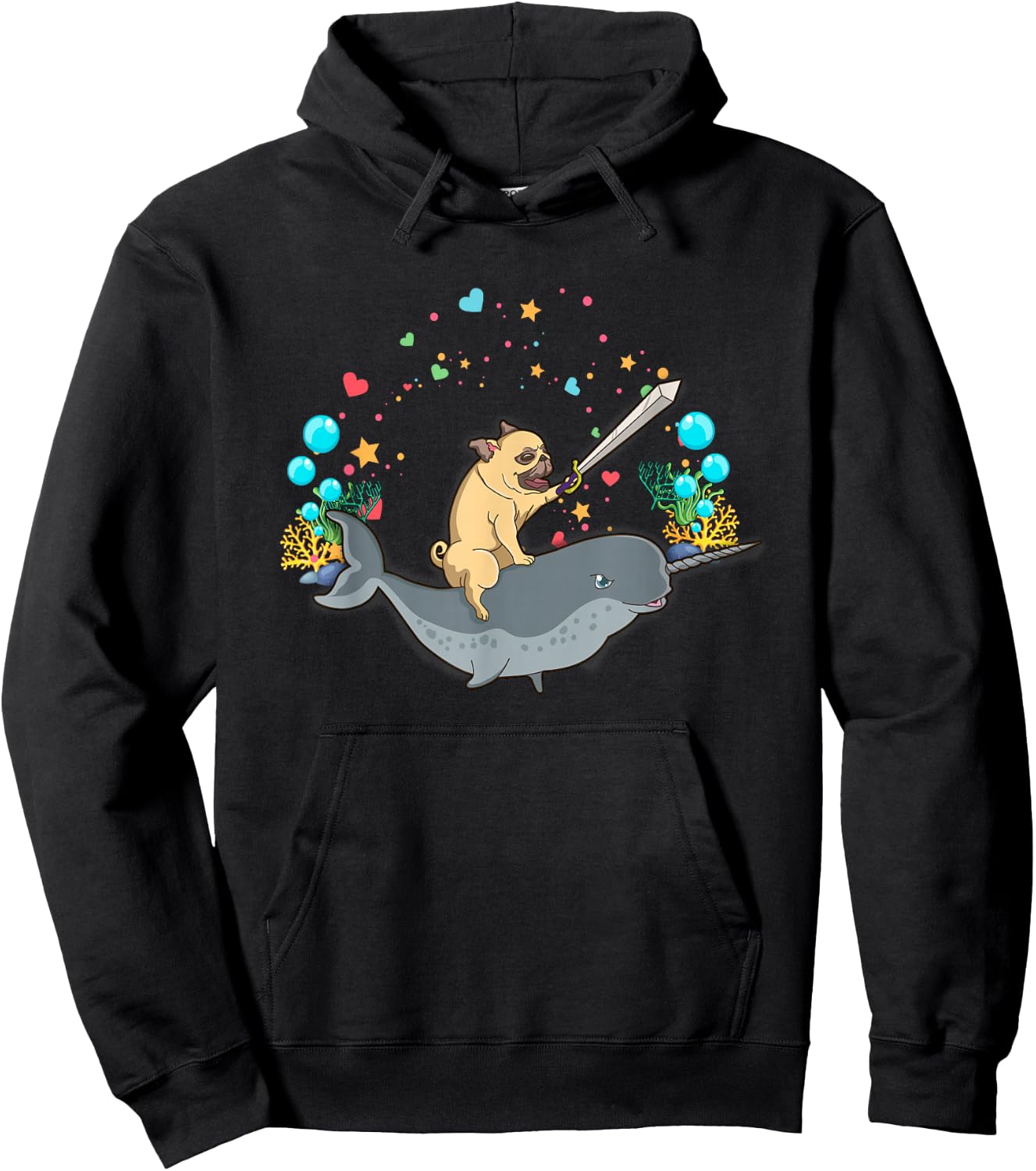 Warrior pug rides a narwhal - Cute and funny Hoodie - Hoodie | Black