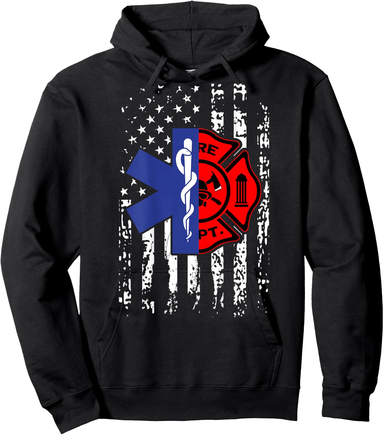 EMT Firefighter Shirt Firefighter American Flag Back Print Women Girls Kids Men Hoodie - Hoodie | Black
