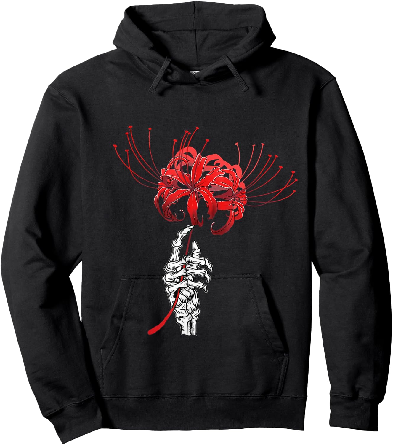 Skeleton Hand Holding Red Spider Lily Aesthetic Red Flower Hoodie - Hoodie | Black