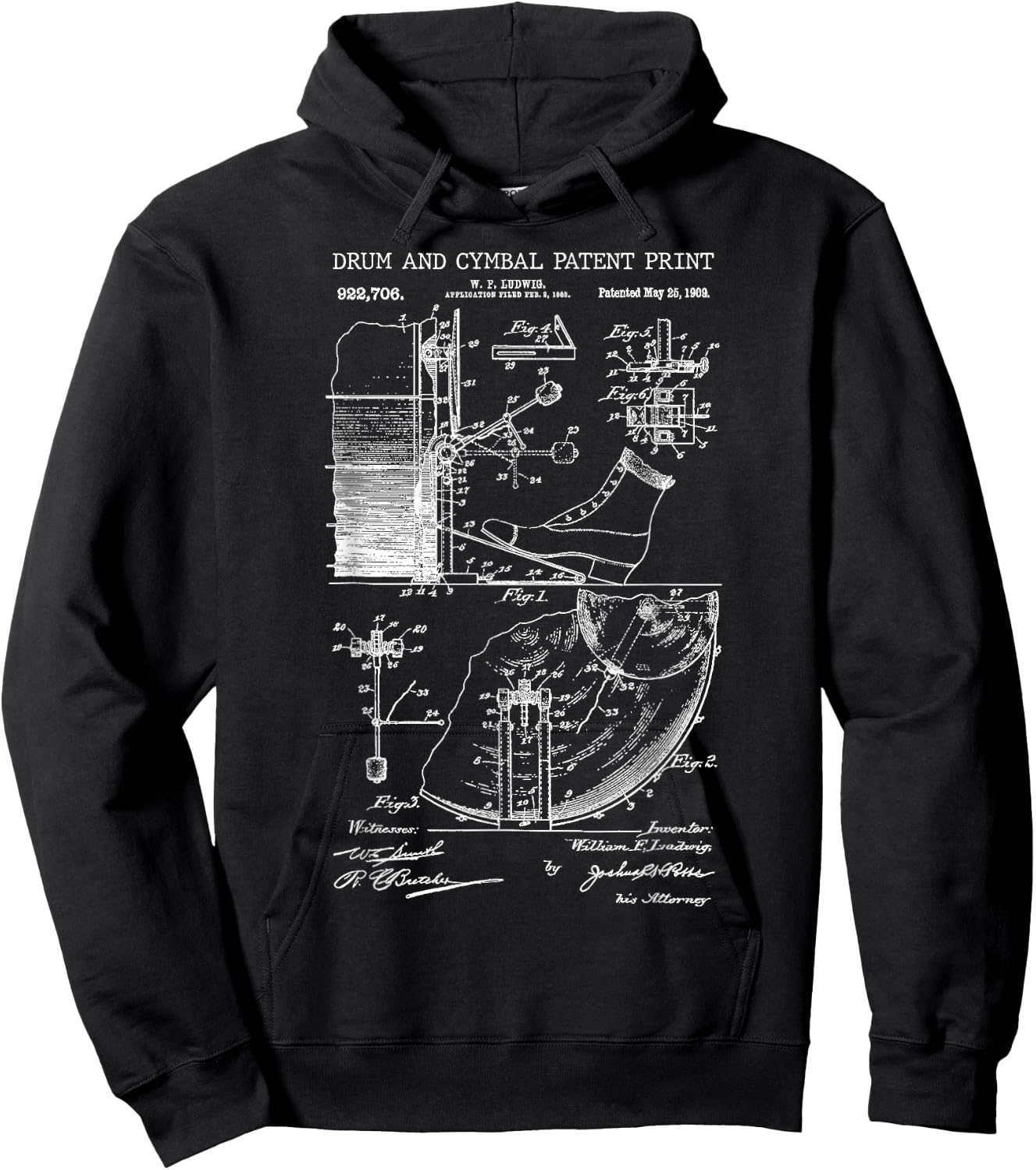Drum And Cymbal Patent Print 1909 - Vintage Patent Music Art Hoodie - Hoodie | Black