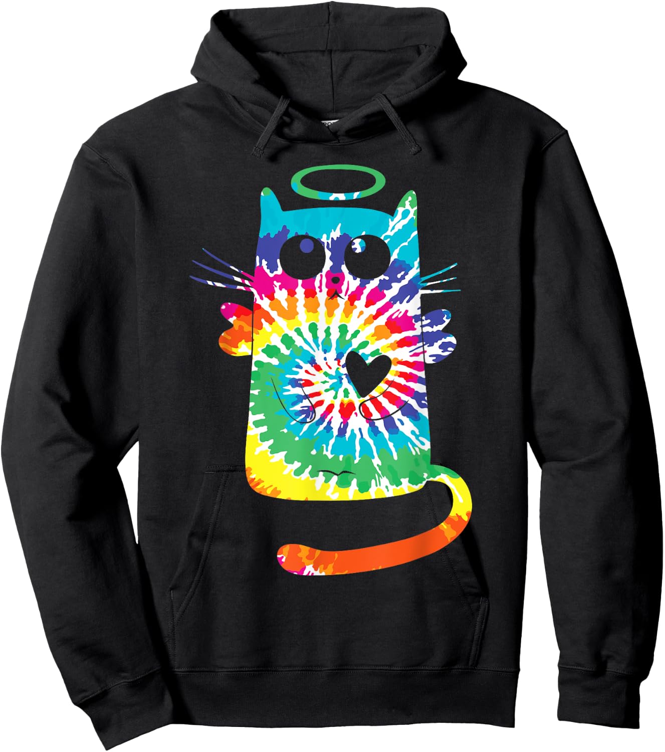 Fun Cat Hippie Rainbow Tie Dye Angel Cat with Heart and Halo Women Kids Hoodie - Hoodie | Black