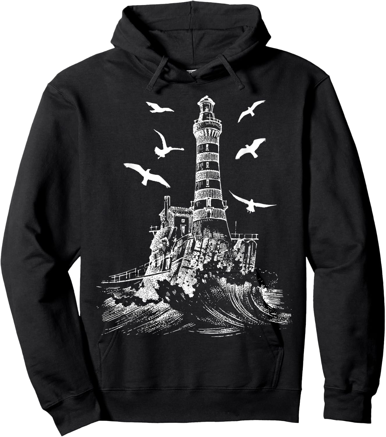 Seagull Silhouette Illustrated Lighthouse Image Gift Hoodie - Hoodie | Black