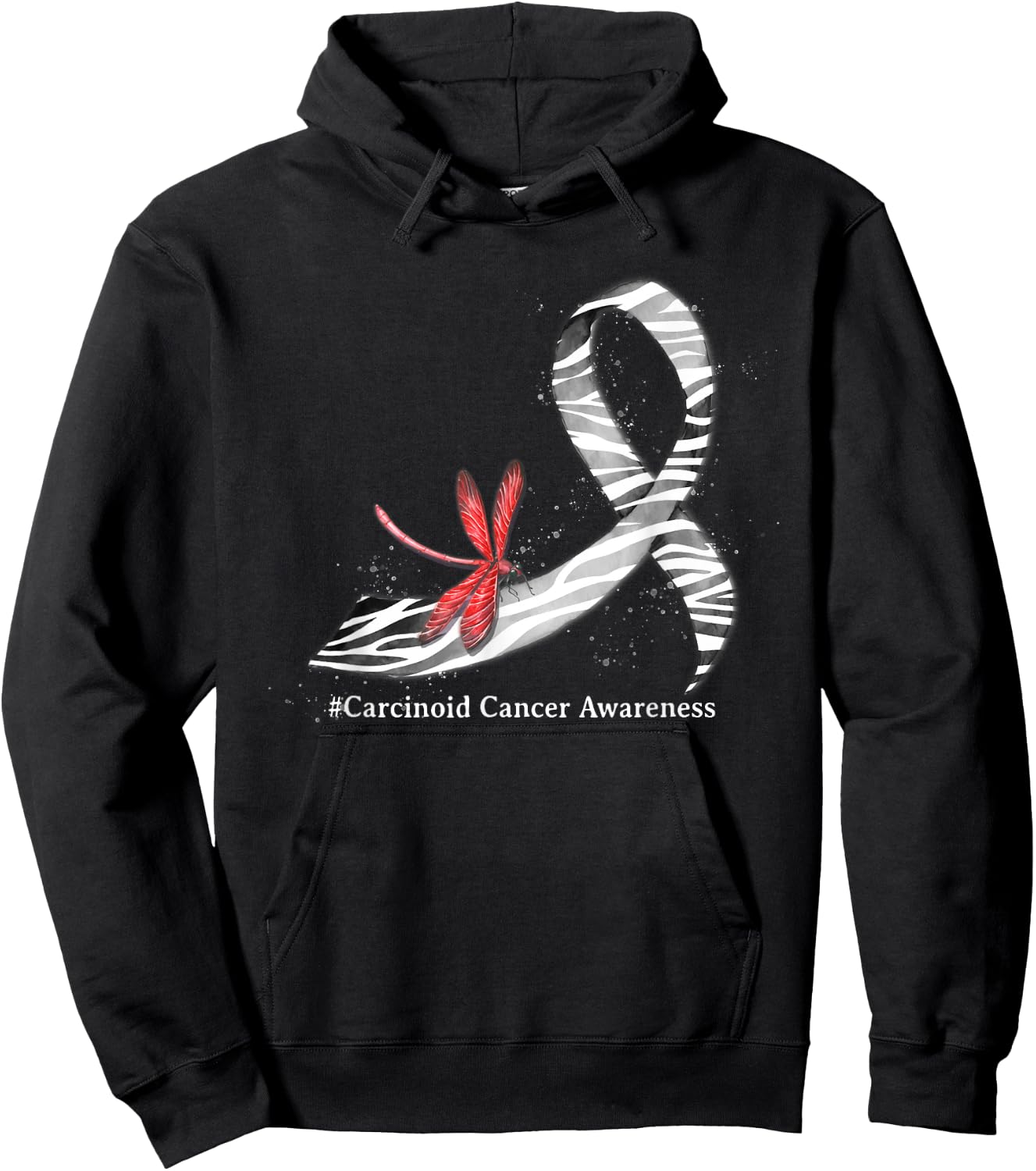 Hippie Dragonfly Zebra Ribbon Carcinoid Cancer Awareness Hoodie - Hoodie | Black