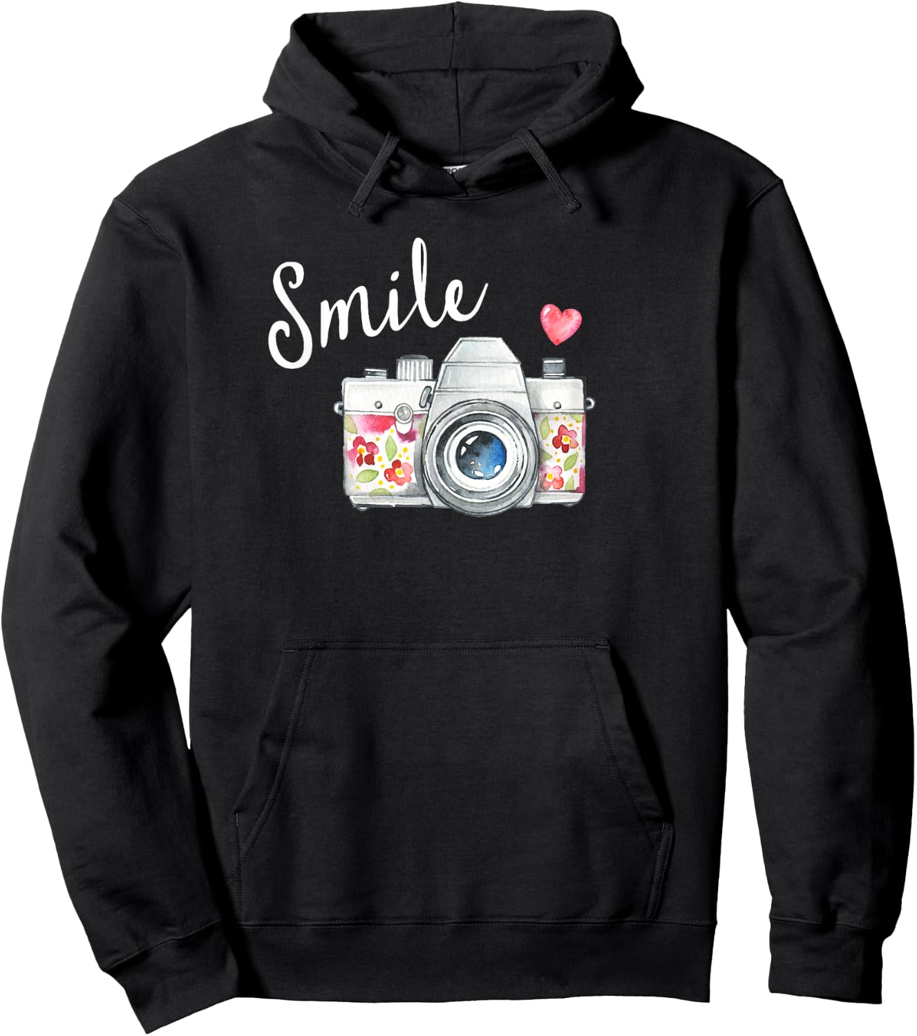 Vintage Camera T Shirt, Smile Quote Flower Design for Girls Hoodie - Hoodie | Black