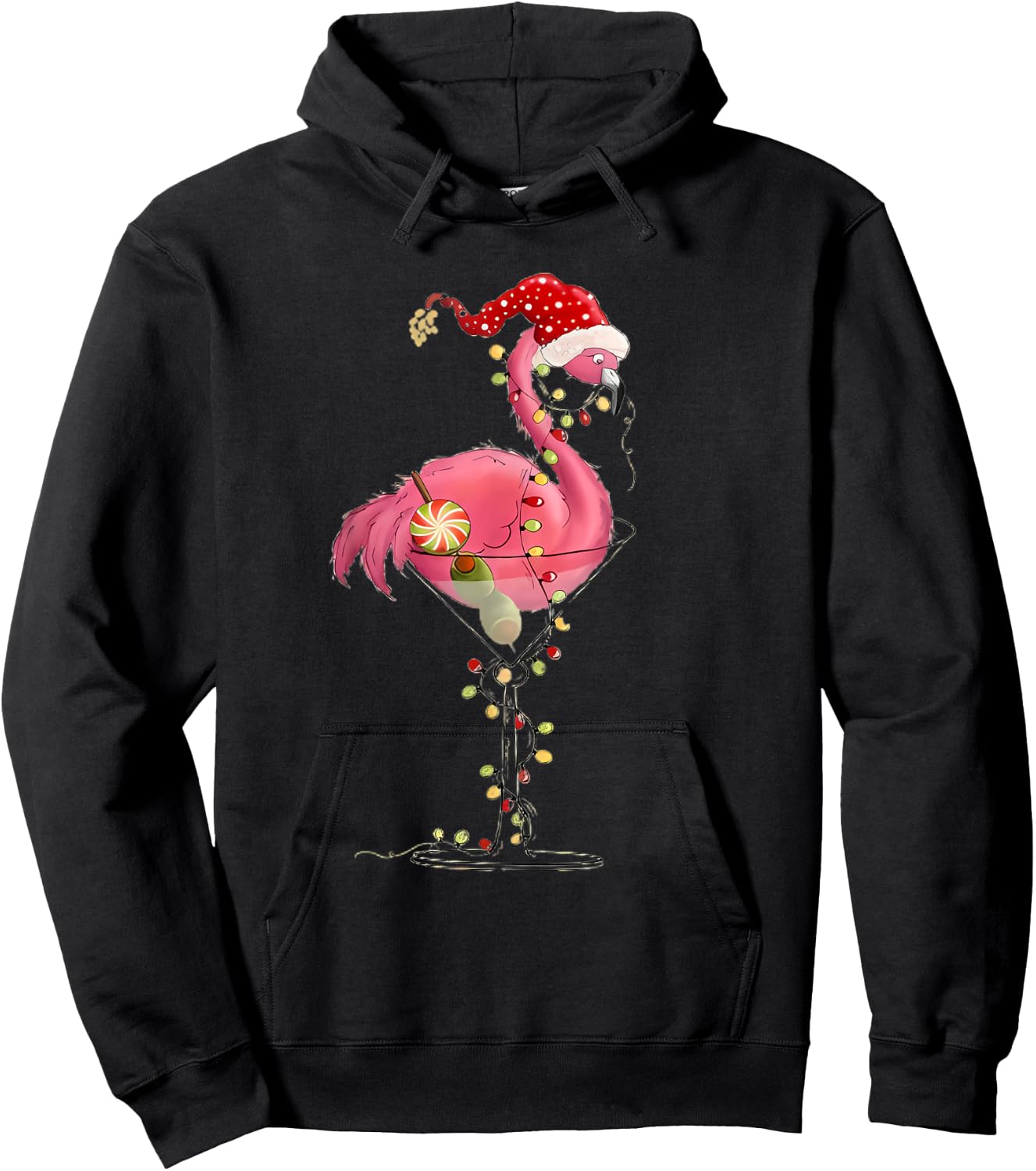 Christmas Flamingo In Martini Glass For Tropical Holiday Fun Hoodie - Hoodie | Black