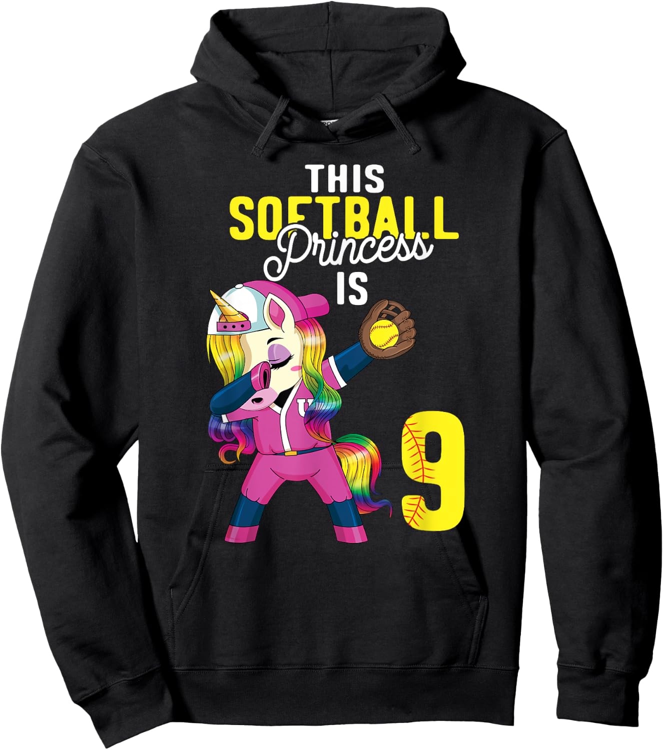 This Softball Princess is 9th Birthday Unicorn Dabbing Gift Hoodie - Hoodie | Black