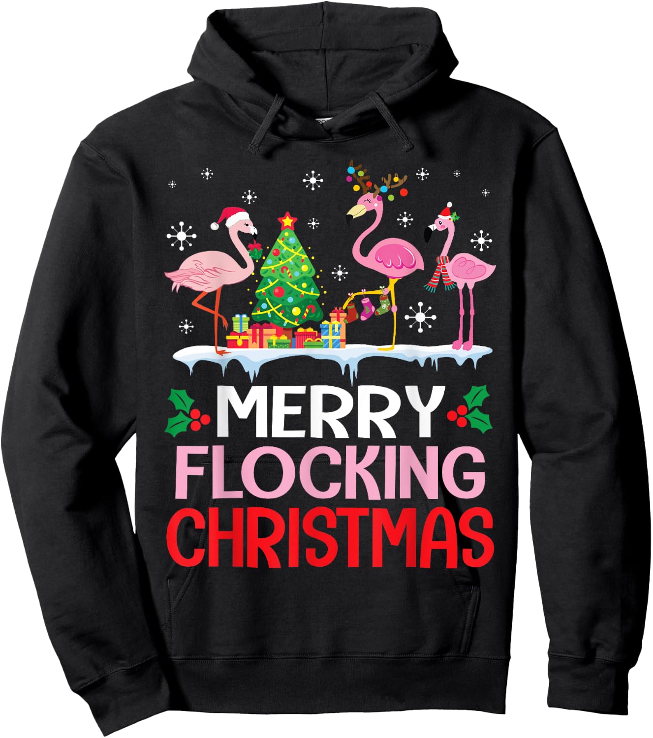 Flamingo Noel Hats Dancing On Snow Merry Flocking Christmas Hoodie - Hoodie | Black