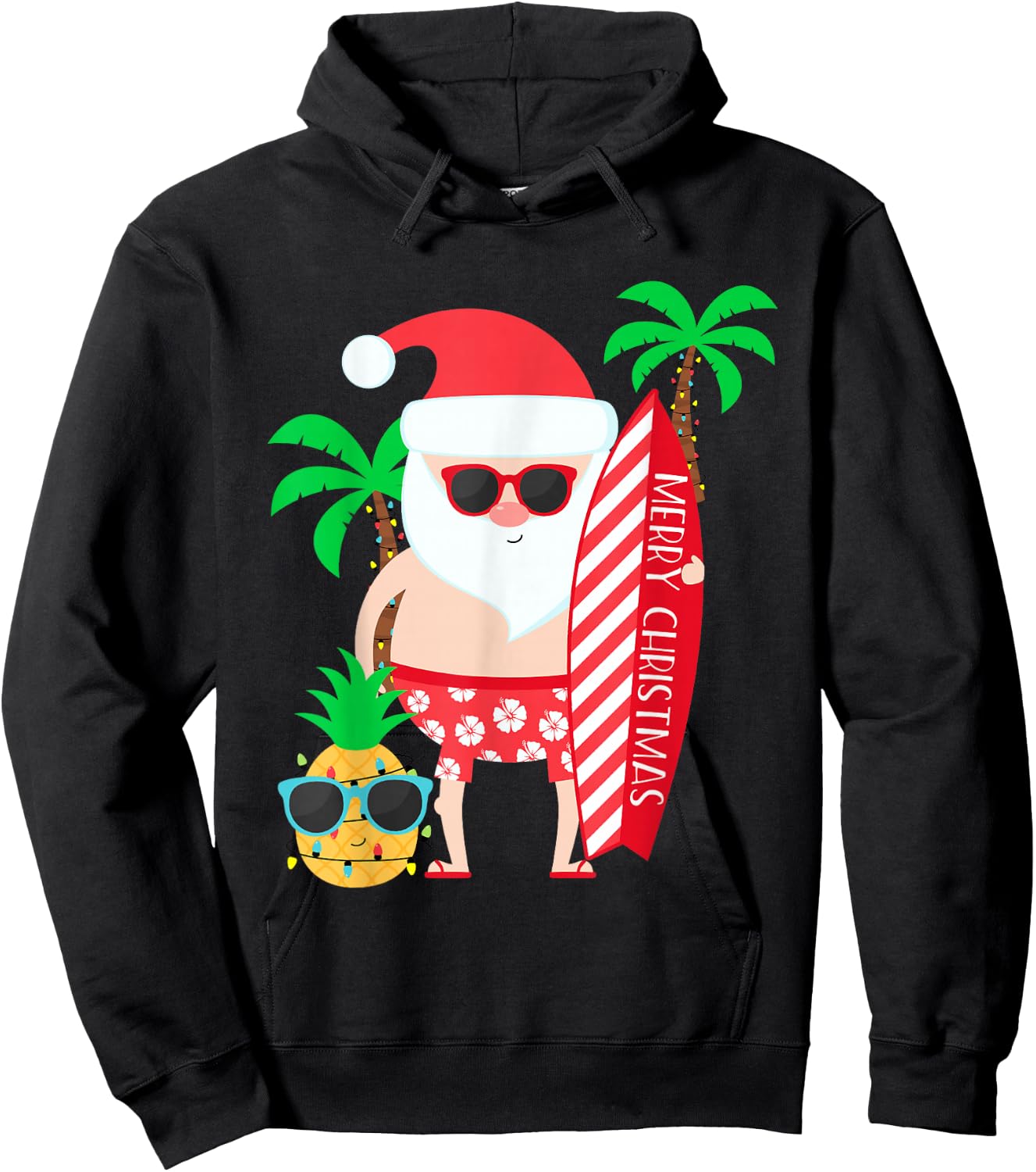 Santa Surfing Hawaiian Beach Christmas in July Tropical Hoodie - Hoodie | Black