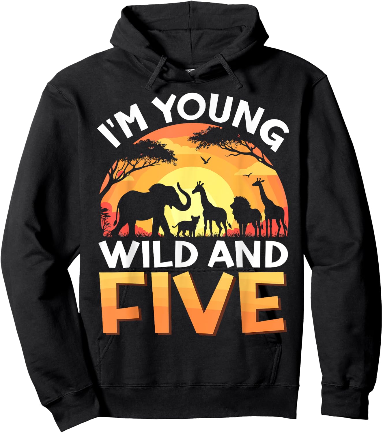 Young Wild and Five Kids 5th Birthday Safari Zoo Animals Hoodie - Hoodie | Black