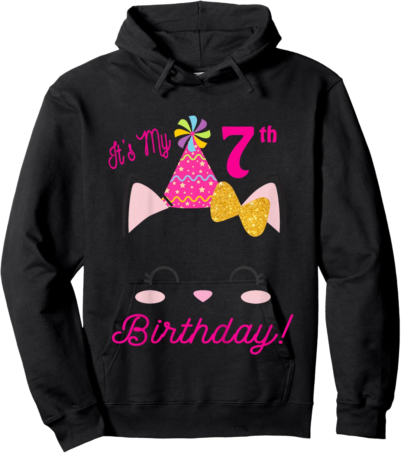 Kids Its My 7th Birthday Shirt Girl Kitty Cat theme Party Outfit Hoodie - Hoodie | Black