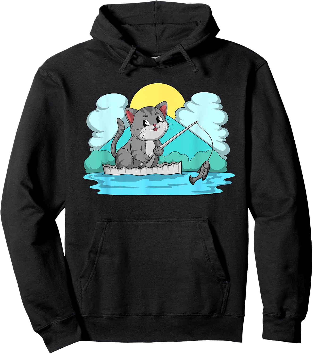 Funny Kitten Cute Kawaii Neko Cat Fishing Men Women Kids Hoodie - Hoodie | Black