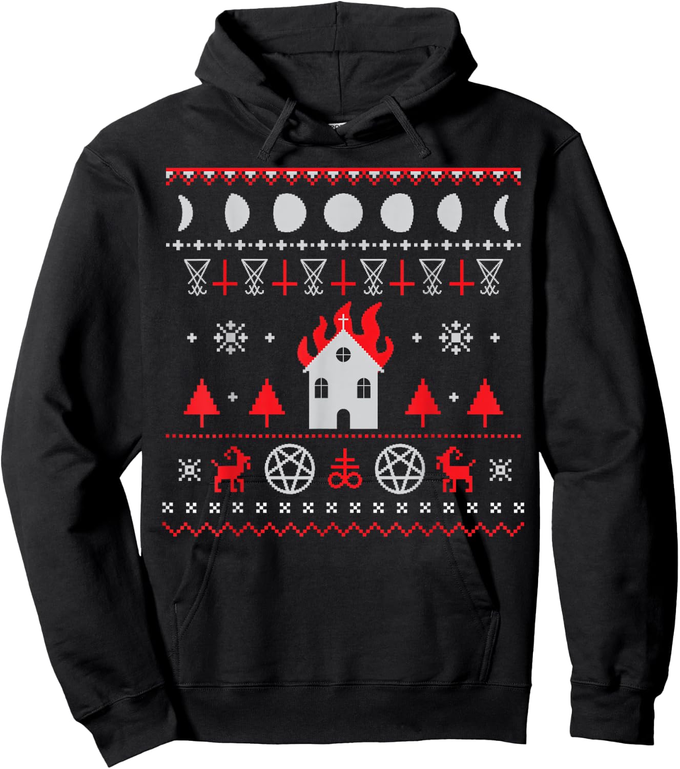 The Eldest Cult | Ugly Anti Christmas Sweater Gift - Burning Church Satanic Lucifer Pentagram Upside Down Cross Hoodie - Hoodie | Black