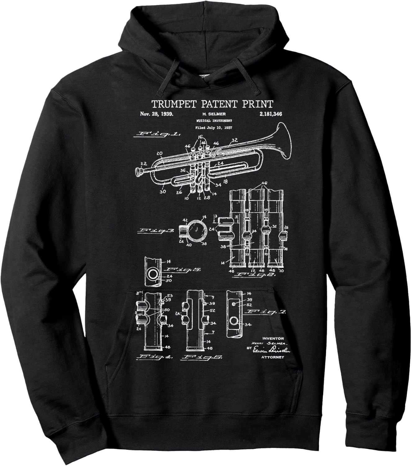 Trumpet Patent Print 1939 - Vintage Patent Music Hoodie - Hoodie | Black