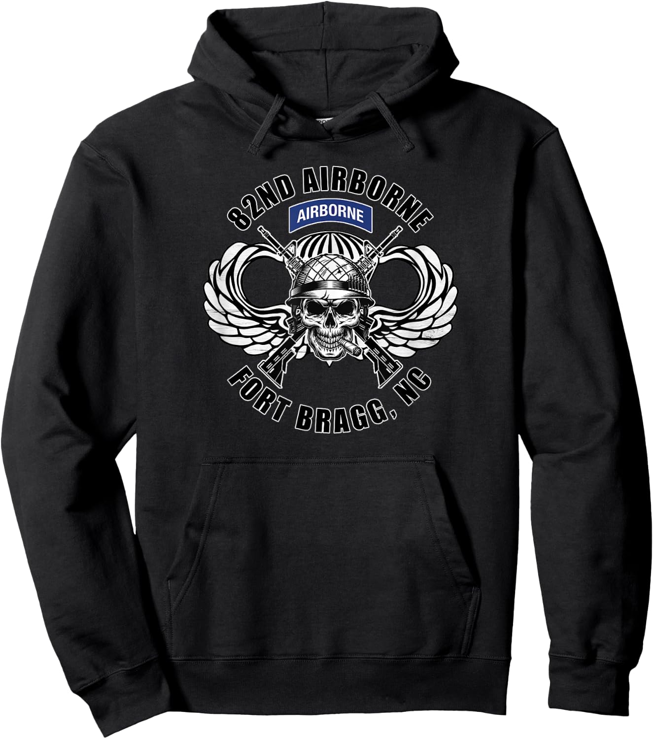 82nd Airborne Division Fort Bragg Veteran Jump Wings Skull Hoodie - Hoodie | Black