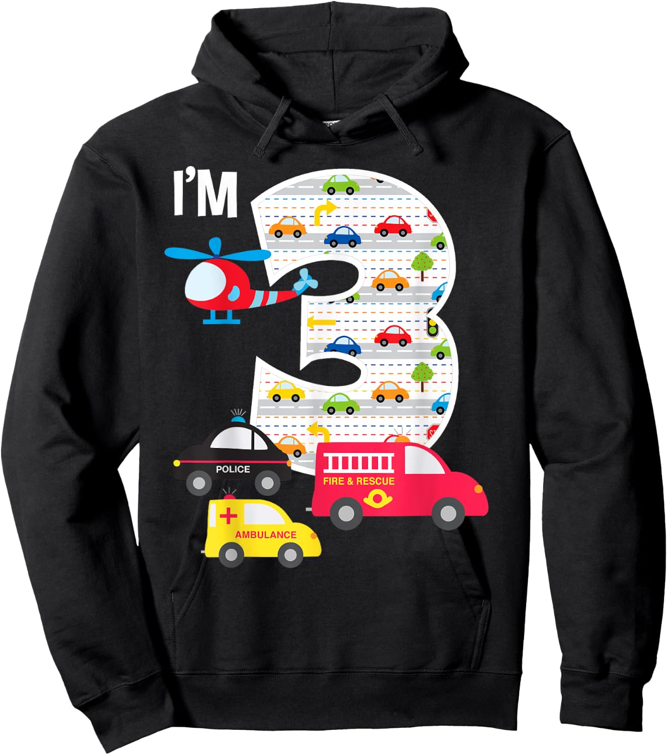 3rd Birthday Fire Truck Police Car 3 Year Old Boys Hoodie - Hoodie | Black