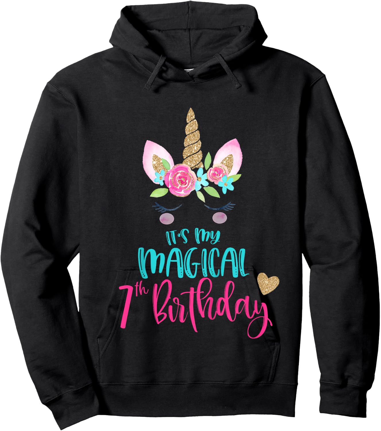 Kids Unicorn 7th Birthday Party Shirt Girl 7 Years Old Hoodie - Hoodie | Black
