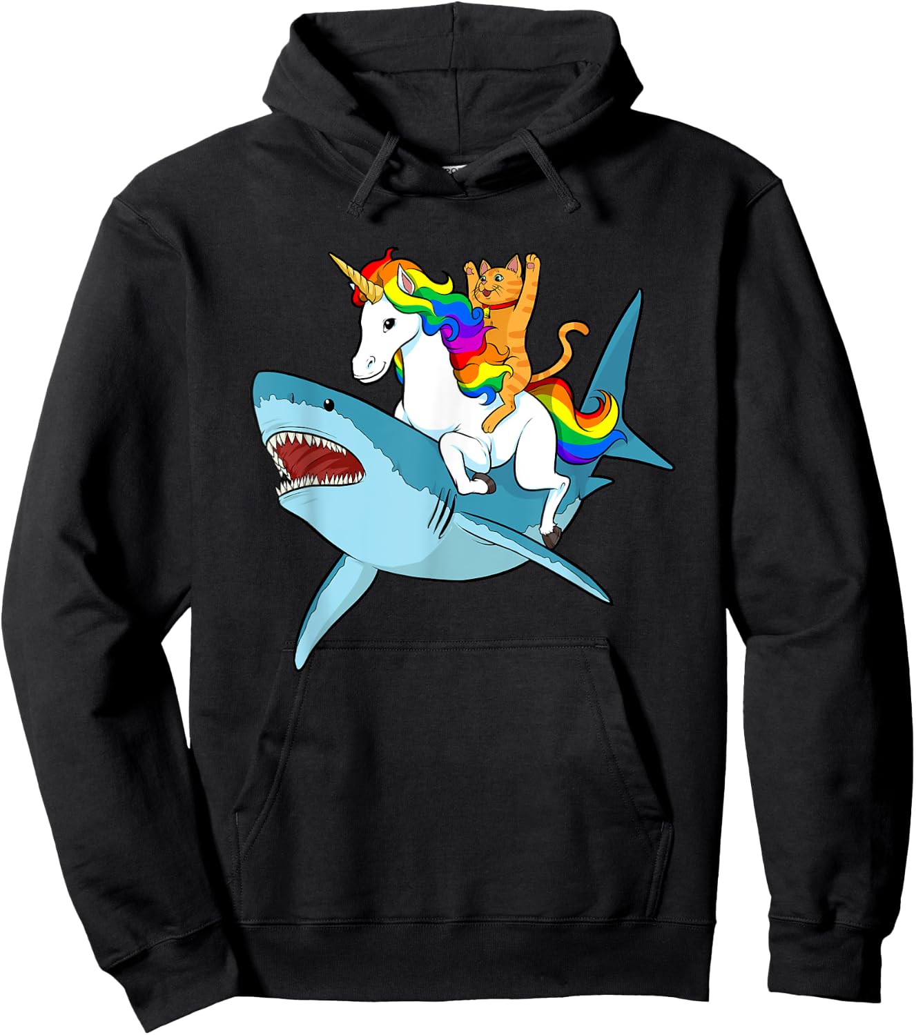 Cat Riding Unicorn Riding Shark Design Hoodie - Hoodie | Black
