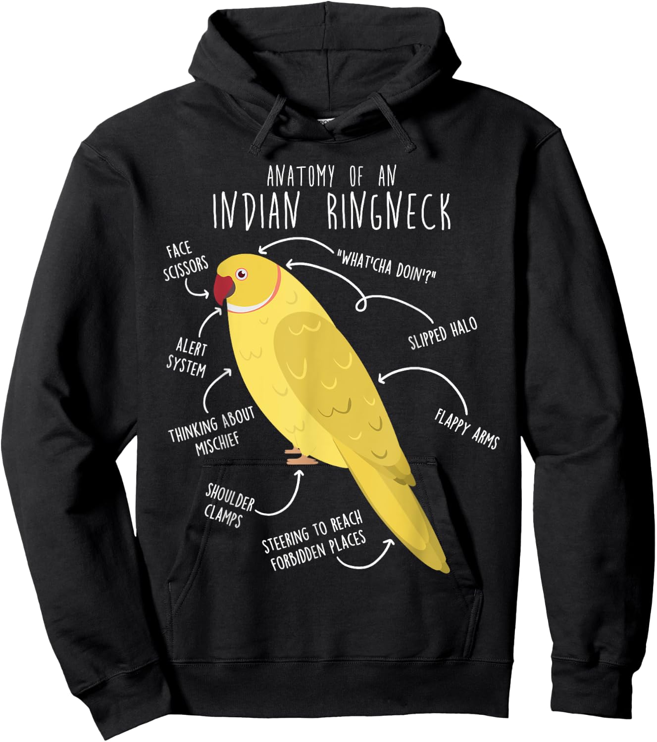 Indian Ringneck Parrot Anatomy Funny Pet Lutino Yellow Bird Hoodie - Hoodie | Black