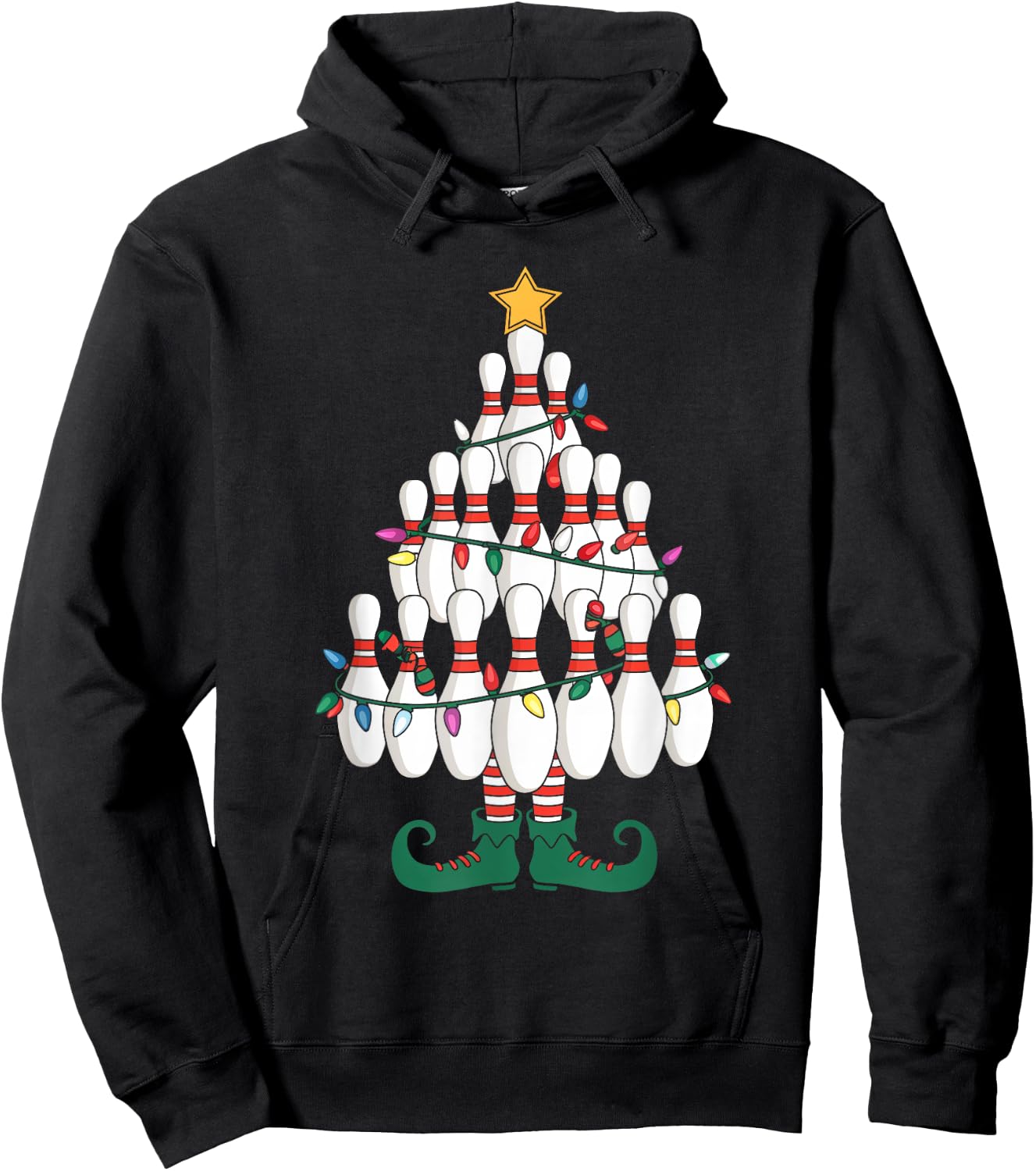 Bowling Elves Pin Strike Christmas Tree Lights Xmas Party Hoodie - Hoodie | Black