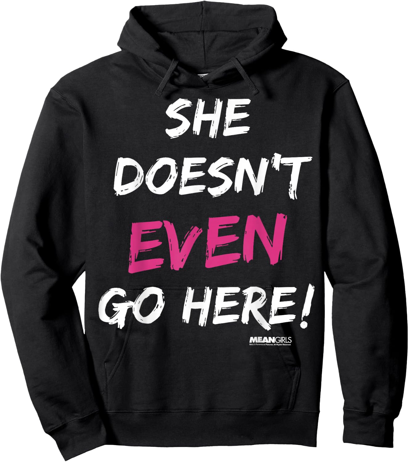 Mean Girls She Doesn't Even Go Here Pink Accent Hoodie - Hoodie | Black