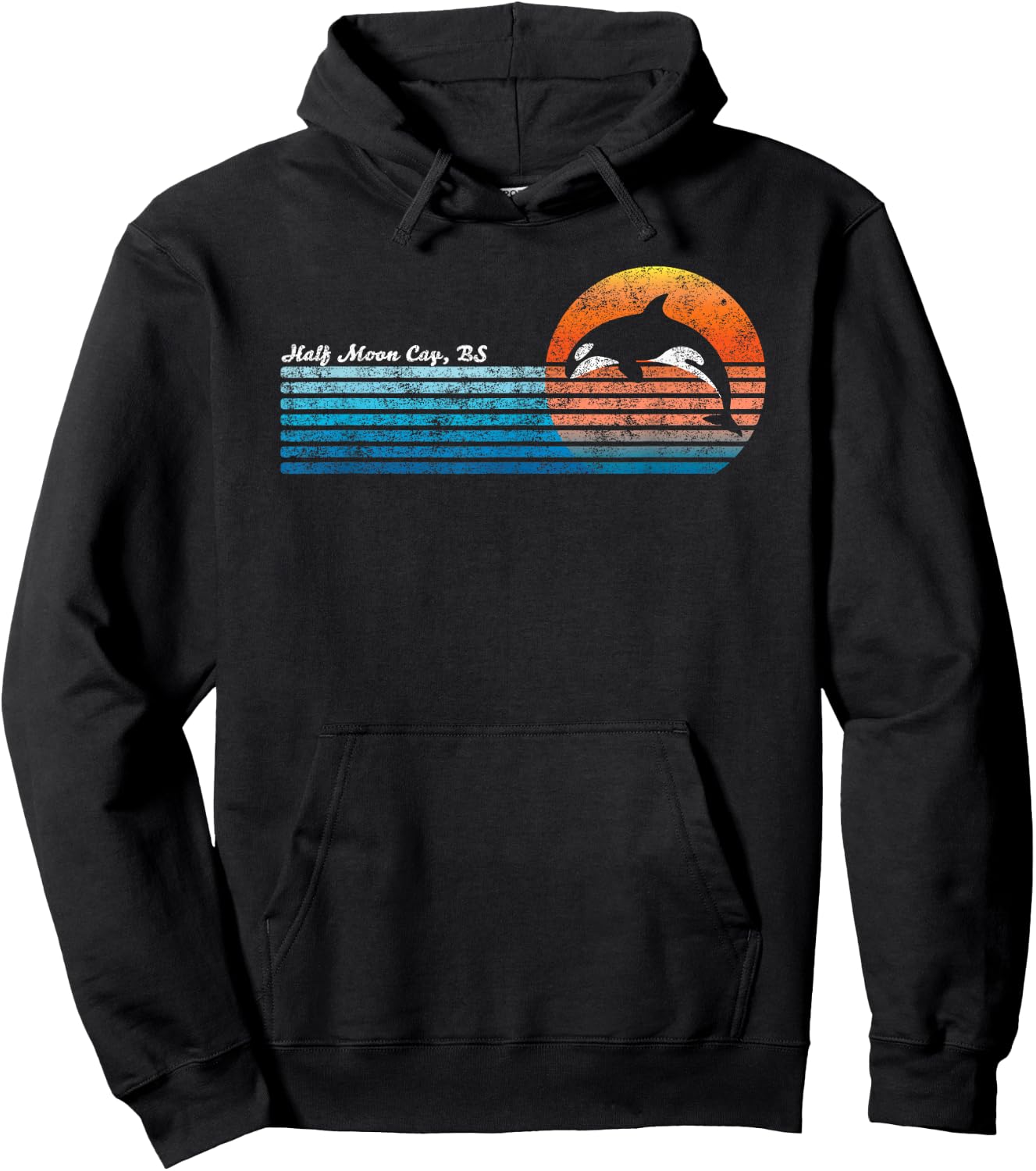 Vintage Half Moon Cay, Bahamas Retro 80s Orka Sunset Hoodie - Hoodie | Black