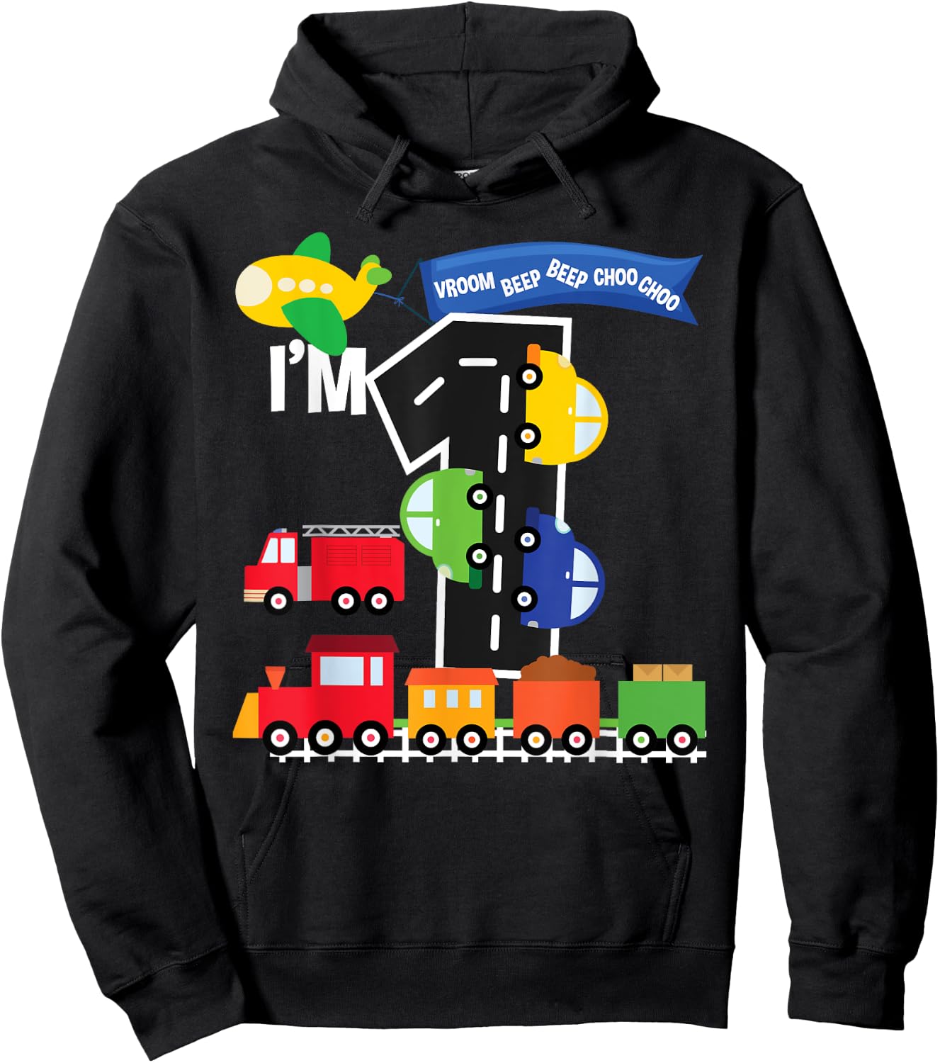 Transportation 1st Birthday Airplane Cars Fire Truck Train Hoodie - Hoodie | Black